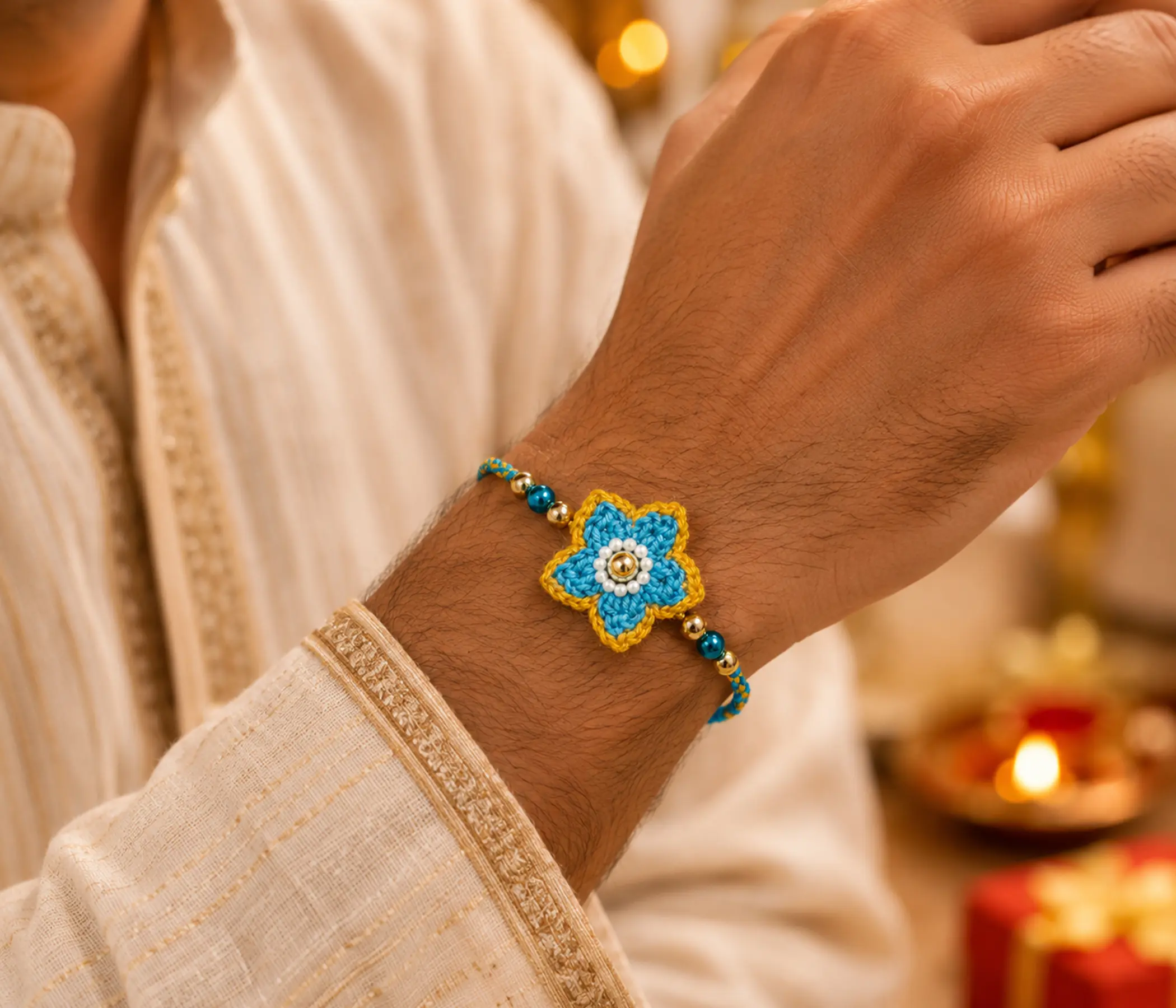 Beaded Star Floral Handcrafted Crochet Rakhi - Elegant Homemade Rakhadi
